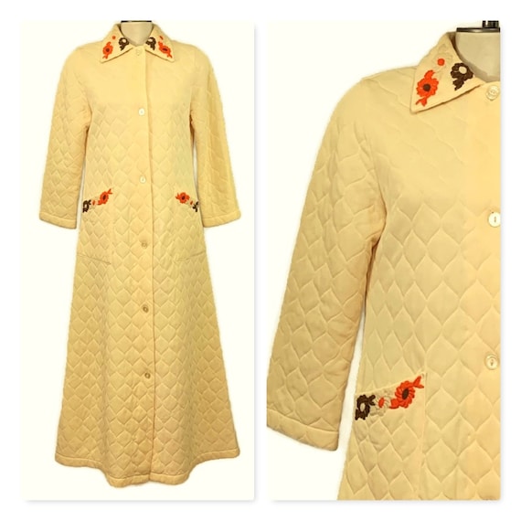 60s Long Quilted Robe, Butter Yellow House Coat, V