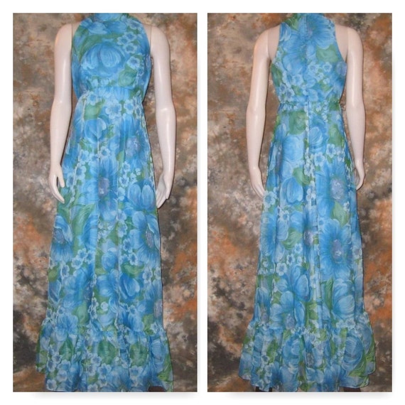60s Blue Floral Dress Blue Chiffon Dress Floral Ch