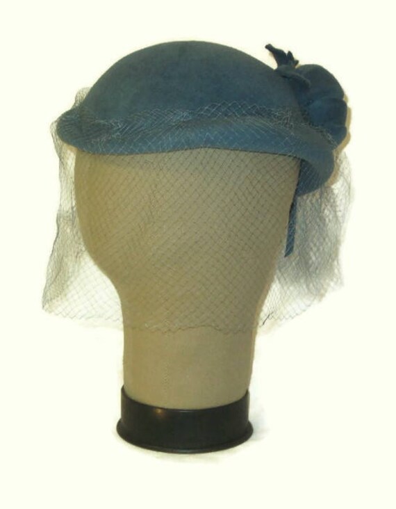 40s Blue Hat, Imported Velour Hat, 1940s Cocktail