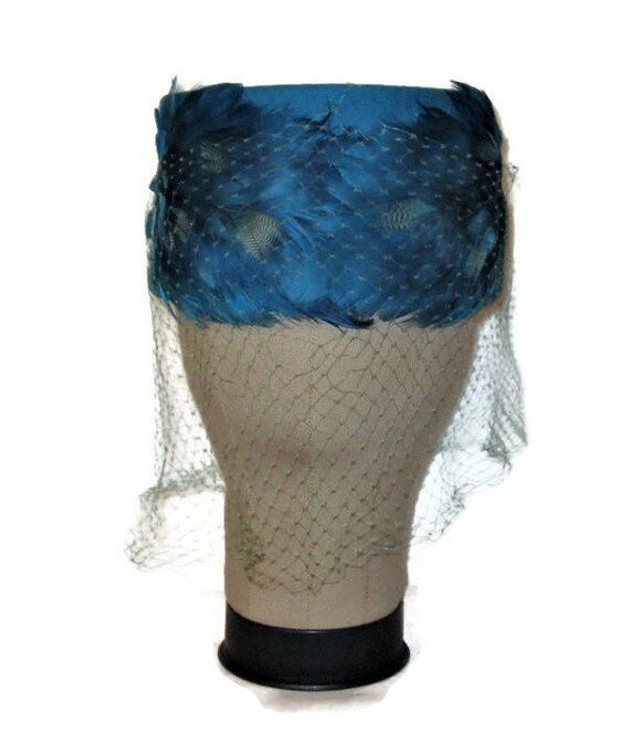 50s Blue Hat, Pillbox Hat Feathers, Pillbox Hat Ve