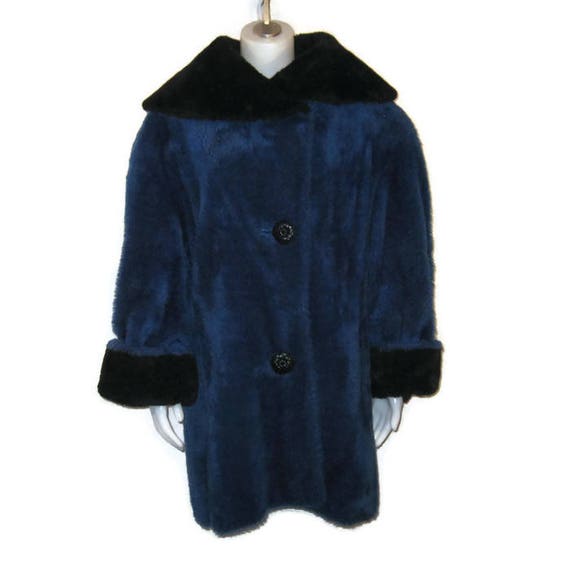 60s Fun Fur Coat, Blue Faux Fur, Blue Black Coat,