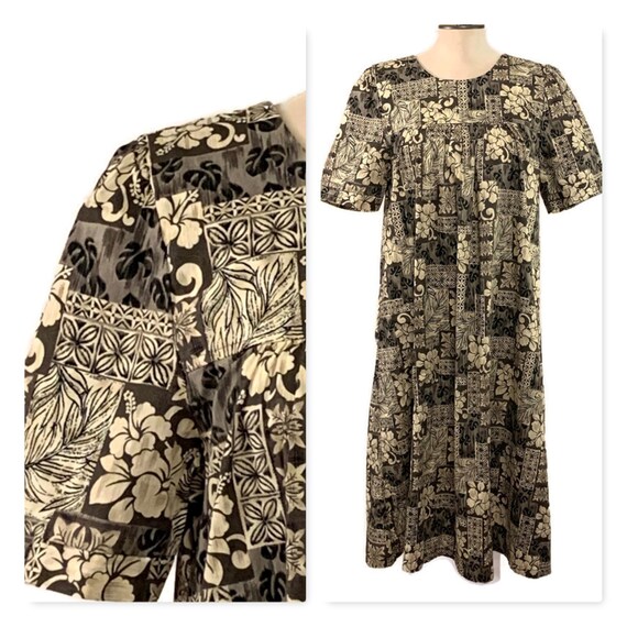 70s Floral Dress, Brown White Muumuu, Vintage 197