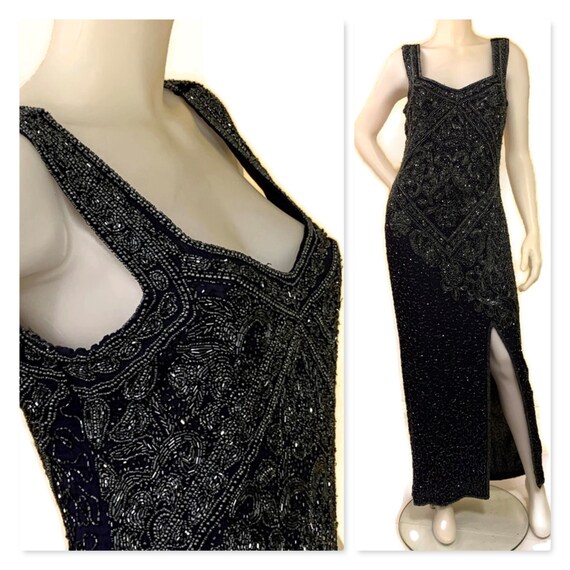 Vintage 80s Long Beaded Black Dress, 1980s Dress,