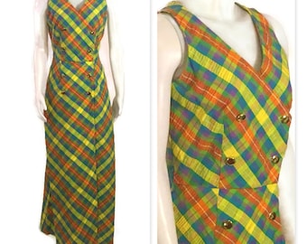 60s Plaid Seersucker Dress, Vintage 1960s Green Yellow Orange Wrap Dress