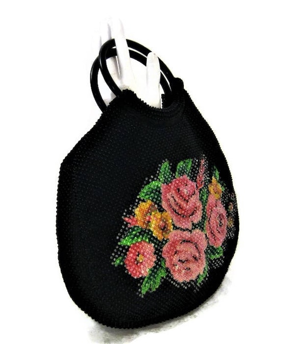 60s Black Beaded Bag, Vintage 1960s Beaded Floral