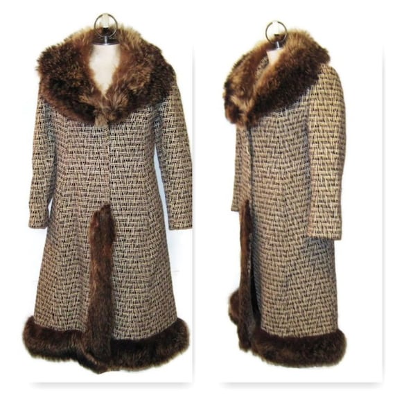 60s Wool Coat Fur Collar Fur Trim Brown Tweed Coat