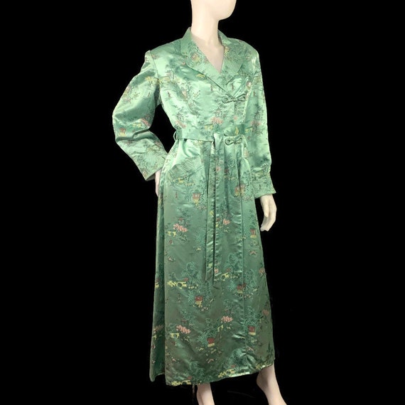 60s Green Satin Asian Fabric Robe, Long Satin Dres