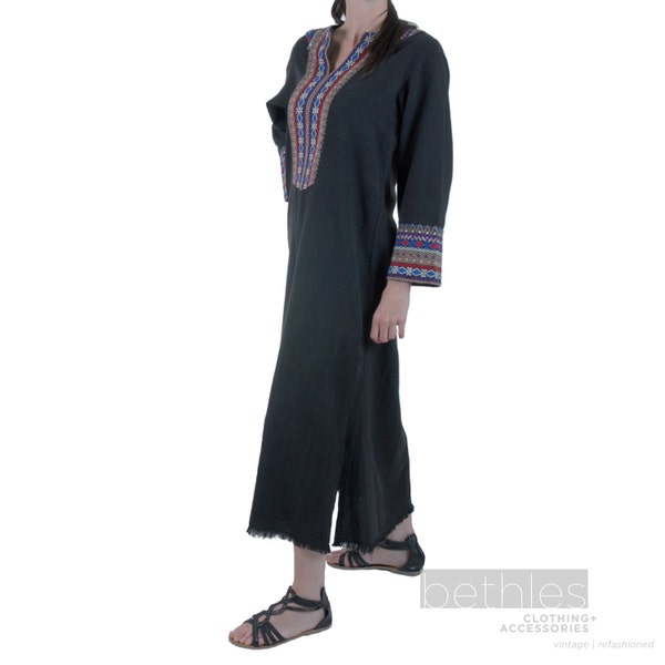 1970s Caftan Black Kaftan with Hand Woven Guatemalan Ikat Trim Vintage 70s Black Kaftan Cotton Caftan Cotton Maxi Dress