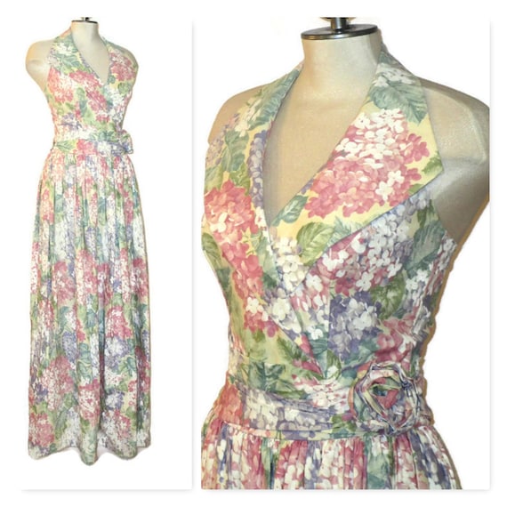 80 Floral Halter Dress, Vintage 1980s Bridesmaid o
