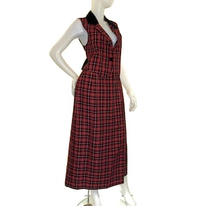 Vintage 90s Red & Black Plaid Wrap Skirt and Velvet Trimmed Vest, 1970s Skirt and Vest image 1