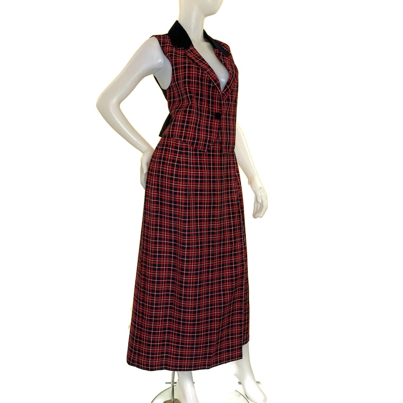 Vintage 90s Red & Black Plaid Wrap Skirt and Velvet Trimmed Vest, 1970s Skirt and Vest image 1