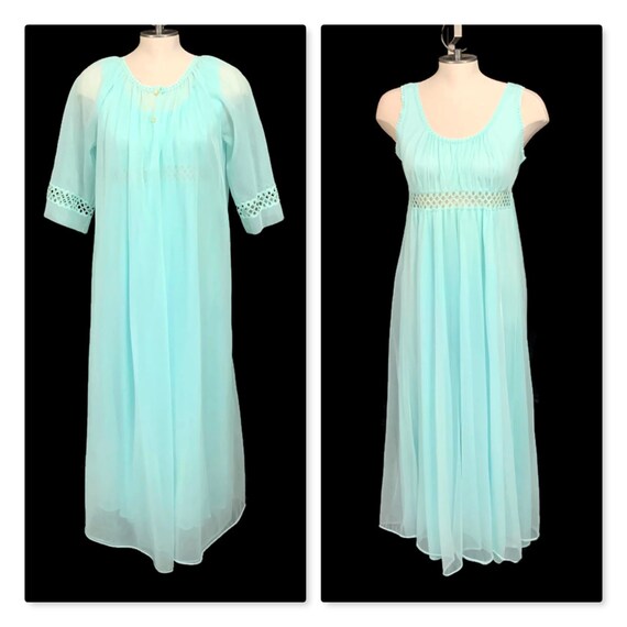 70s Blue Chiffon Peignoir Set, Vintage Blue Linger