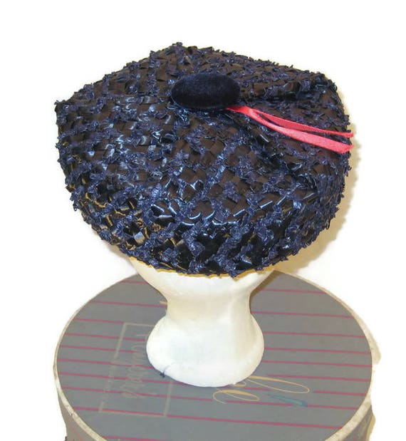 1950s Blue Hat, Blue Raffia Hat, Raffia Pillbox, D