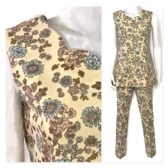 1960s Floral Pant Suit, Vintage 60s Blue Floral Pa