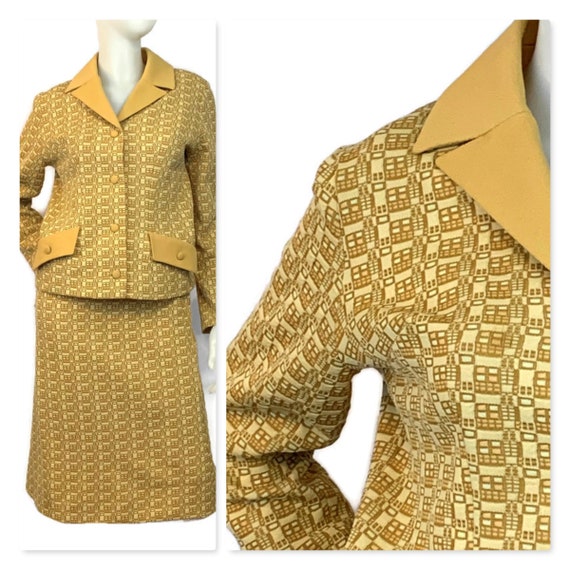 Vintage 60s Skirt Suit, Mustard Knit Jacket and Sk