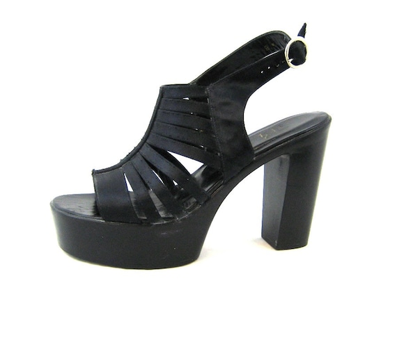 90s Black Satin Platform Club Shoes, 1990s Platfo… - image 1