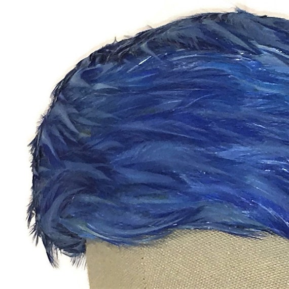 1950s Feather Pillbox, Vintage Feathered Hat, Blue