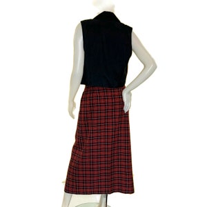 Vintage 90s Red & Black Plaid Wrap Skirt and Velvet Trimmed Vest, 1970s Skirt and Vest image 6