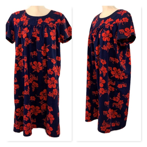 60s Floral Dress, Blue Red Muumuu, Vintage 1960s F