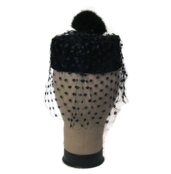 60s Velvet Hat, Black Velvet, Hat with Fur Pompom,