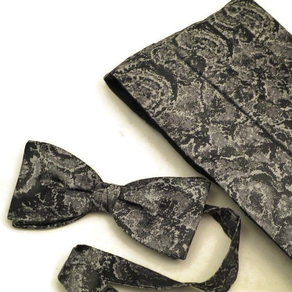 Vintage Silver & Black Silk Cummerbund and Bow Tie