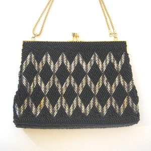 50s  Black Silver and Gold Beaded Evening Bag, Vintage 1950s Formal Glass Bead Purse