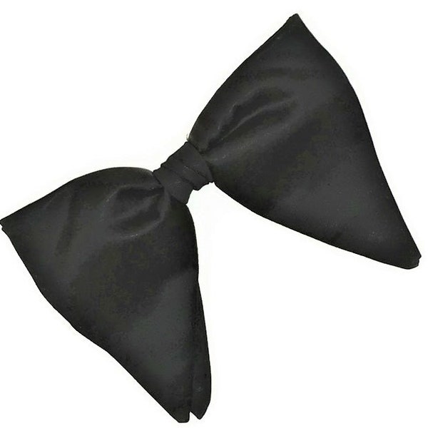 Vintage 1960s Black Big Butterfly Clip On Bow Tie, 60s Satin Bow Tie