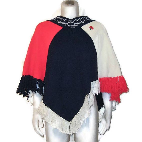 70s Knit Poncho, Red White Blue Poncho,1970s Vinta
