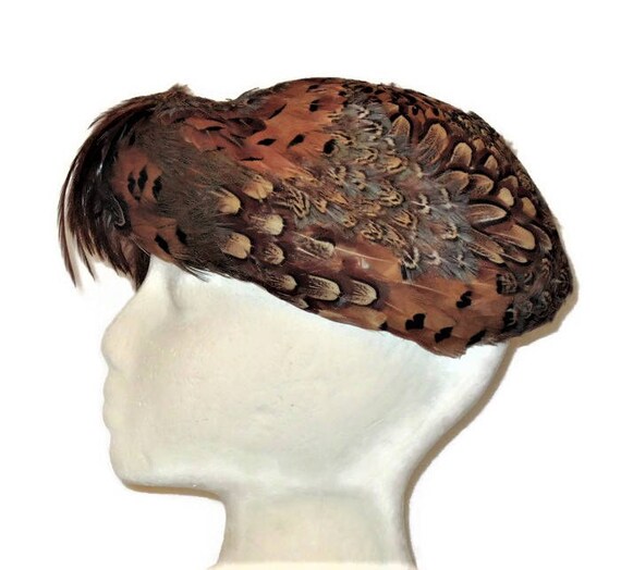 Vintage 50s Pheasant Feather Skull Cap,  1950s Dr… - image 4