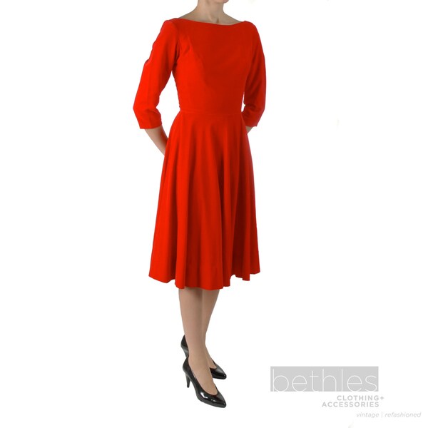 RESERVED FOR LUCY. 1950s Dress Red Dress Red Velvet Dress with Three Quarter Sleeves Vintage 50s   Cocktail Dress Red Party Dress