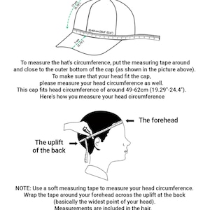 Puede incluir: Un dibujo lineal en blanco y negro que muestra una gorra con una cinta m&eacute;trica alrededor de la base, indicando una circunferencia de 53-66 cm. Debajo, un diagrama ilustra c&oacute;mo medir la circunferencia de la cabeza, de 49-62 cm para el ajuste.