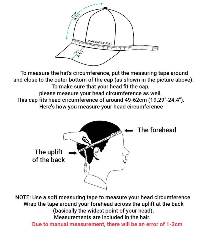 Puede incluir: Un dibujo lineal en blanco y negro que muestra una gorra con una cinta m&eacute;trica alrededor de la base, indicando una circunferencia de 53-66 cm. Debajo, un diagrama ilustra c&oacute;mo medir la circunferencia de la cabeza, de 49-62 cm para el ajuste.