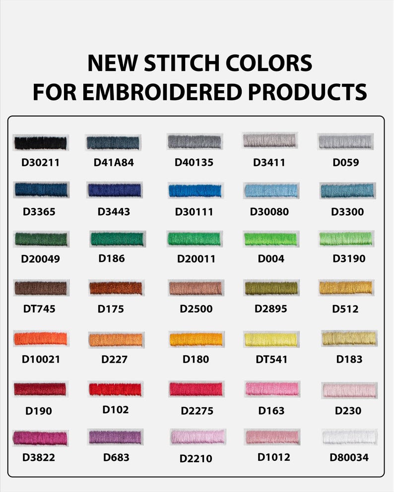 Puede incluir: Una carta de colores titulada NEW STITCH COLORS FOR EMBROIDERED PRODUCTS que presenta una cuadr&iacute;cula de 35 muestras rectangulares de hilo de bordar en varios tonos, cada una etiquetada con un c&oacute;digo alfanum&eacute;rico &uacute;nico como D30211, D41A84 y D80034.