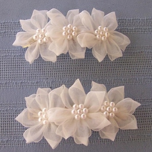 Girls Hair Barrettes - White Organza flowers with Pearl Center