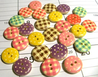 Buttons - Wood Buttons-1/2"-painted polka dot & checked -2 holes-25 PCS.