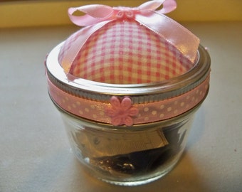 Mason Jar Pin Cushion Sewing Kits-Pink Check-(NO FREE SHIPPING on sewing kits)