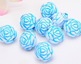 Flower Beads-Blue & White-14mm-10 PCS