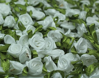 White Satin Ribbon roses w/leaves-12mm-25 PCS-RR001