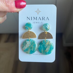 Polymer Clay Earrings, Turquoise Marble Earrings, Gold Leaf Studs, Handmade Statement Earrings, Unique Artisan Jewelry