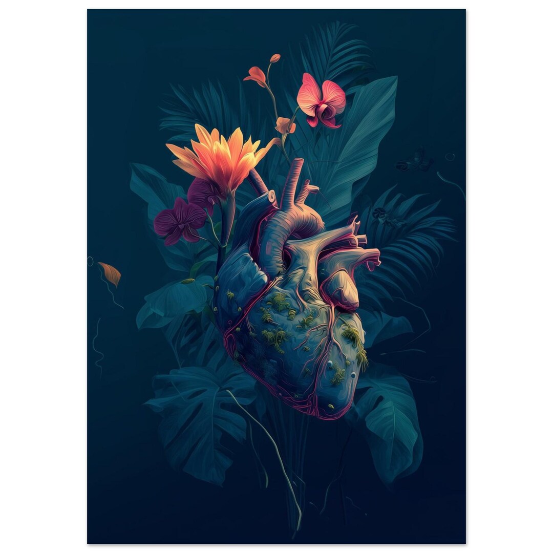 Modern Botanical Heart Poster – Jungle Green Wall Art With Purple ...