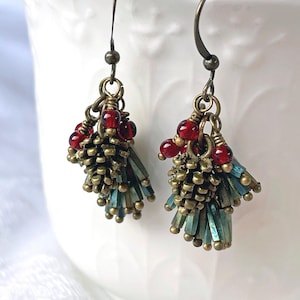 Pinecone Dangle Earrings: Brass, Red Berry, and Pine Needle Jewelry