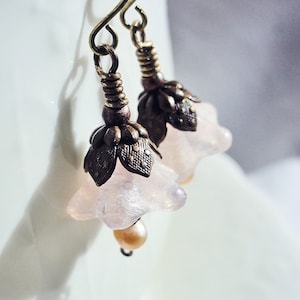 Pink Flower and Pearl Drop Earrings: Czech Glass, Antiqued Brass