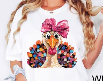 Colorful Non Glitter Coquette Turkey Shirt, Glitter Turkey Thanksgiving Tee, Thankful Tee, Pink Coquette Bow Fall Tee,Hand Drawn,Brushstroke