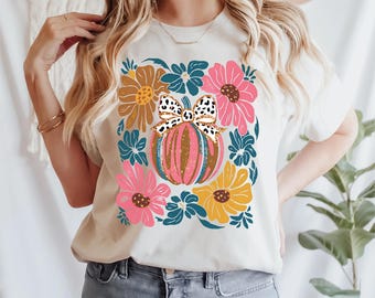 Flowery Pink Pumpkin Shirt, Boho Floral Fall Pumpkin, Retro Fall Tee, Autumn Vibes Tee, Pink Pumpkin Season Shirt,Leopard Pumpkin Fall Shirt