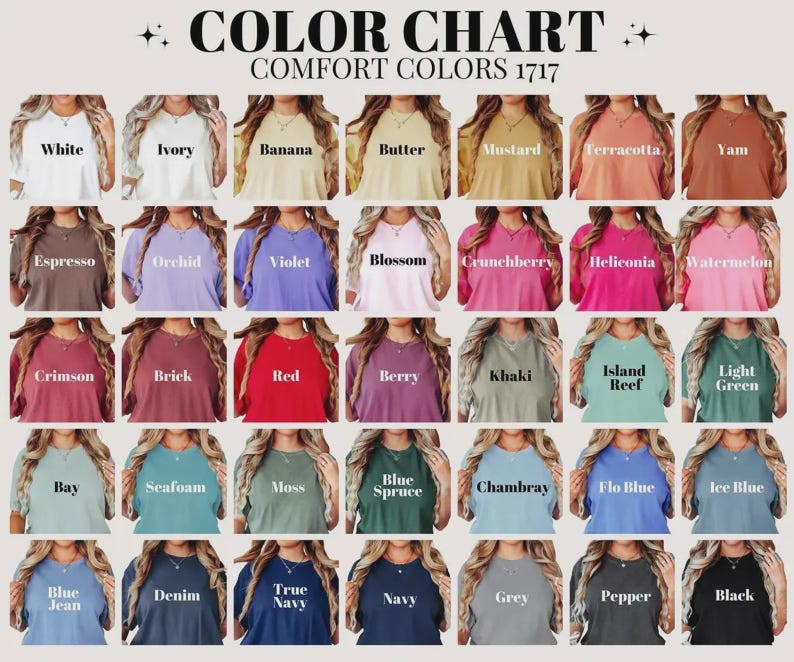 May include: A color chart displays a variety of Comfort Colors t-shirts in various shades. The chart includes colors like white, ivory, banana, butter, mustard, terracotta, yam, espresso, orchid, violet, and many more. The text "COLOR CHART COMFORT COLORS 1717" is at the top.