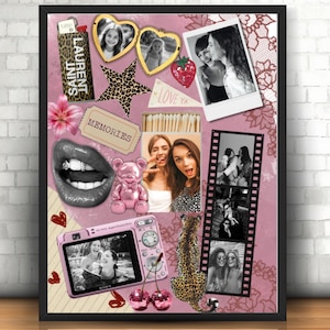 Può includere: Un collage su sfondo rosa polvere con fotografie in bianco e nero, un accendino con stampa leopardata etichettato LAURENT SAINT, un orsacchiotto rosa, una fotocamera digitale, una striscia di pellicola, due ciliegie e il testo MEMORIES e LOVE YA.