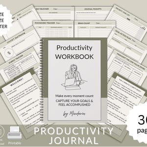 Könnte beinhalten: Ein Produktivitätstagebuch mit Spiralbindung, umgeben von losen Blättern. Das Cover zeigt den Titel "Productivity Workbook" und den Text "Make every moment count, Capture your goals & feel accomplished." Das Journal ist in den Formaten A4, A5 und US Letter erhältlich.