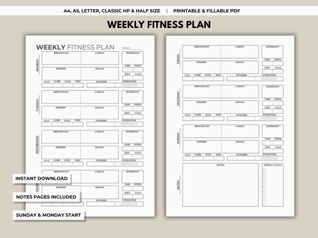 Weekly Fitness Planner Printable | Meal & Exercise Tracker (PDF ...