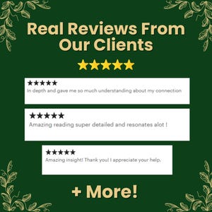 May include: A dark green graphic with the text "Real Reviews From Our Clients" and five gold stars. Below are three customer reviews with five-star ratings. The bottom of the graphic says "+ More!"