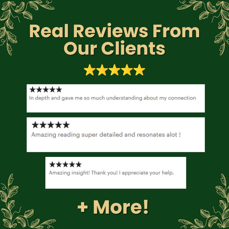 May include: A dark green graphic with the text "Real Reviews From Our Clients" and five gold stars. Below are three customer reviews with five-star ratings. The bottom of the graphic says "+ More!"